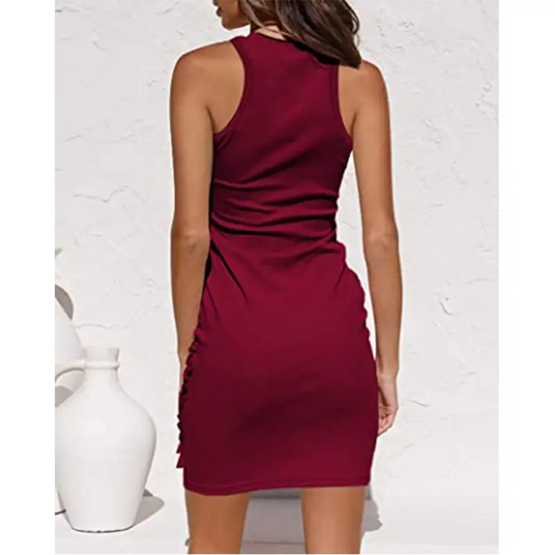 Sleeveless Pleated Bow Belt Dress Maroon — feature 14
