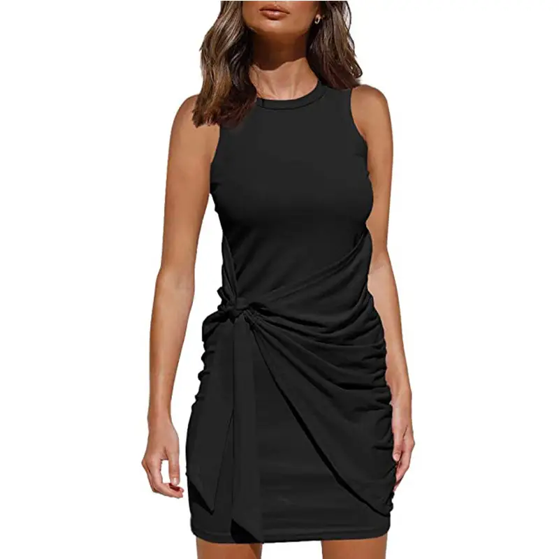 Sleeveless Pleated Bow Belt Dress Maroon — feature 15