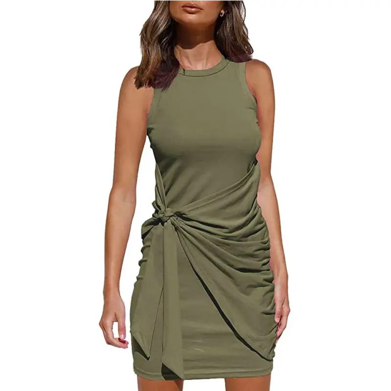 Sleeveless Pleated Bow Belt Dress Maroon — feature 19