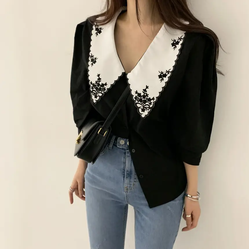 Women Embroidered Korean Chic Top with French Court Style Short Sleeve - Image 2