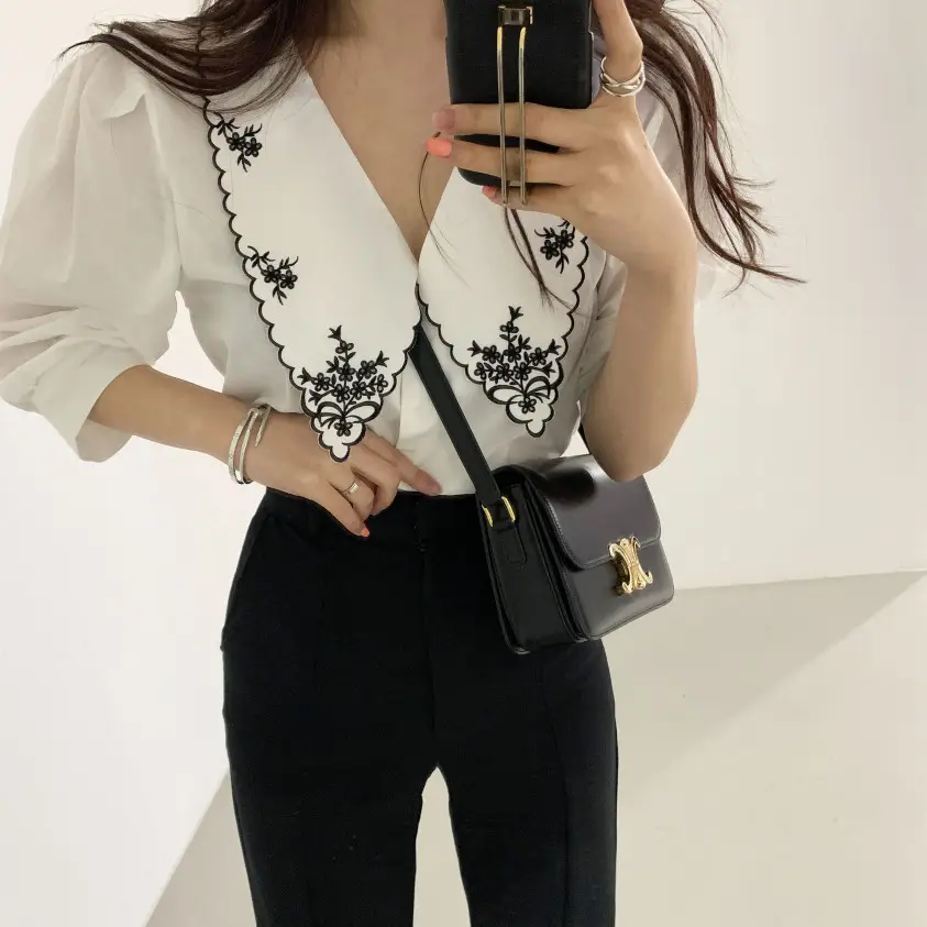 Women Embroidered Korean Chic Top with French Court Style Short Sleeve - Image 3