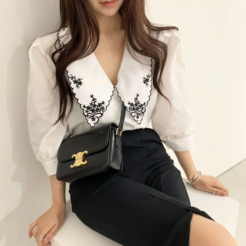 Women Embroidered Korean Chic Top with French Court Style Short Sleeve - Image 4
