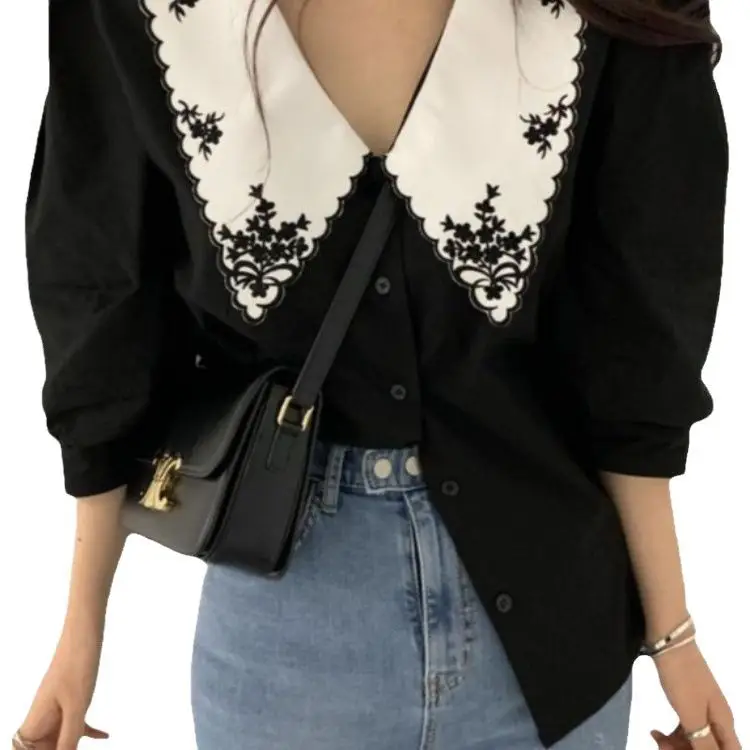 Women Embroidered Korean Chic Top with French Court Style Short Sleeve - Image 5