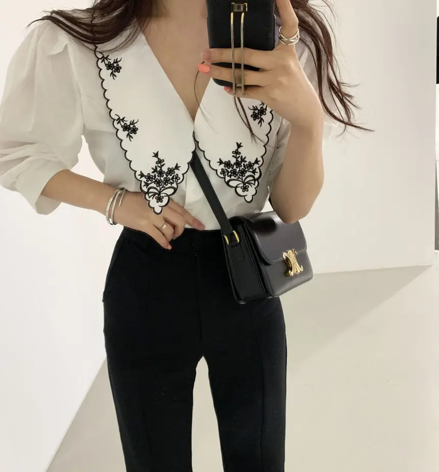 Women Embroidered Korean Chic Top with French Court Style Short Sleeve — feature 11