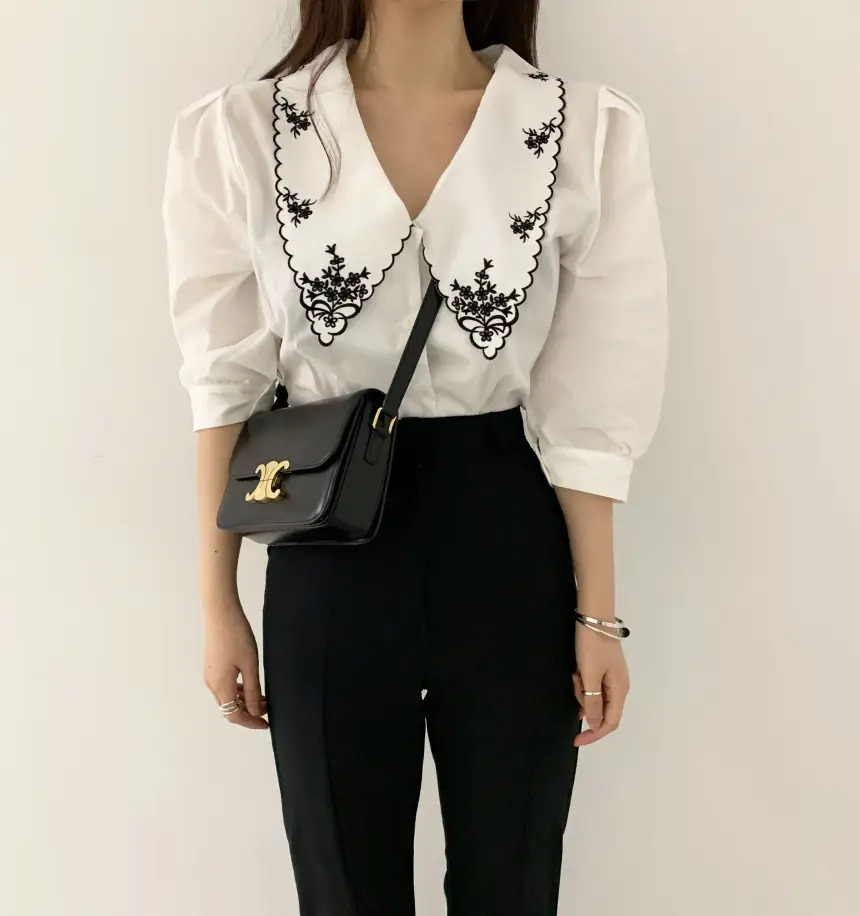Women Embroidered Korean Chic Top with French Court Style Short Sleeve — feature 13