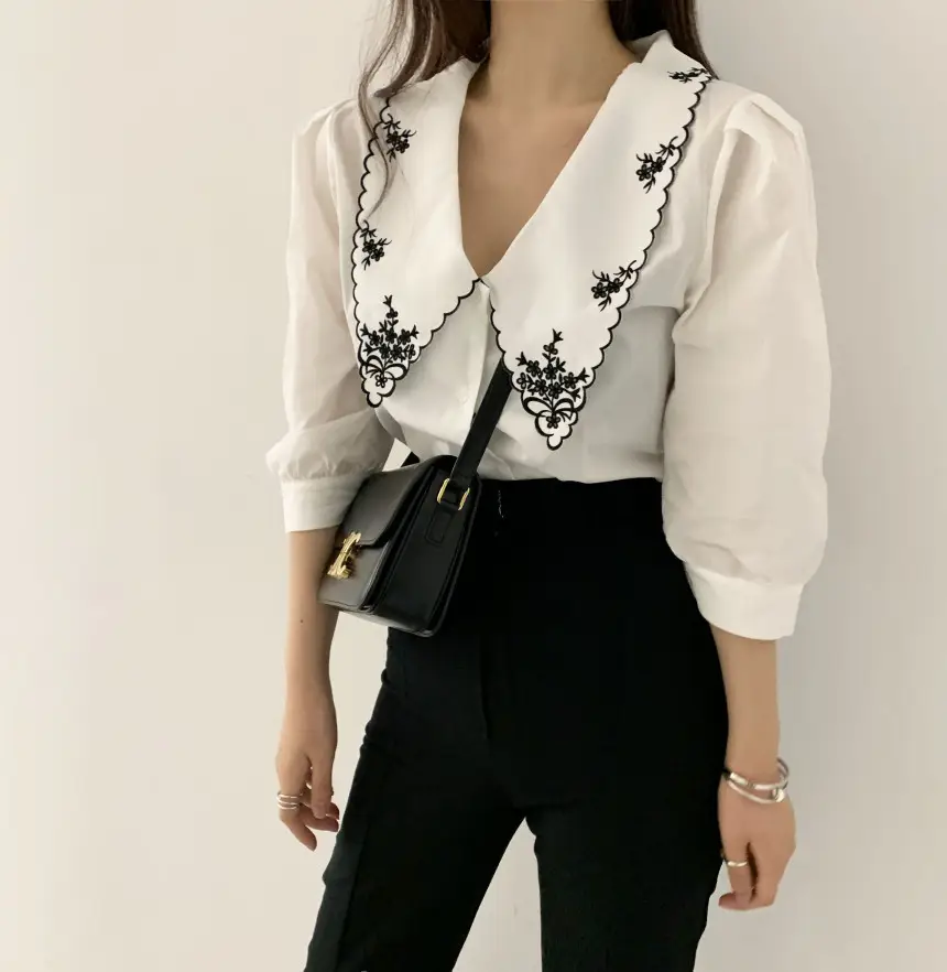 Women Embroidered Korean Chic Top with French Court Style Short Sleeve — feature 14