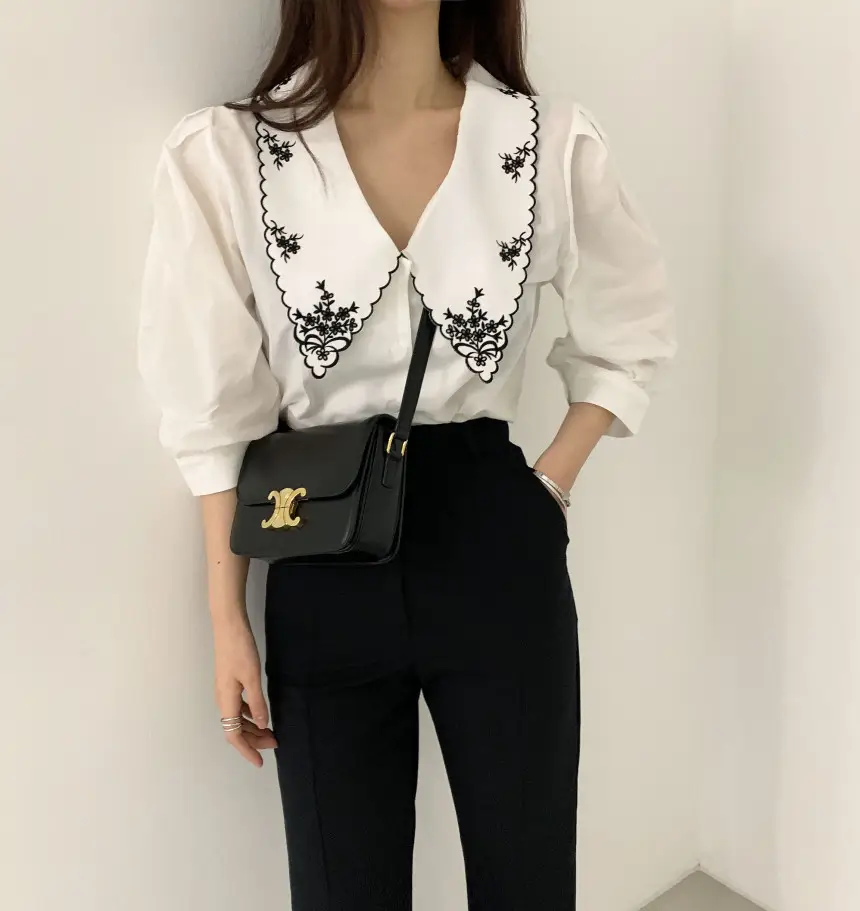 Women Embroidered Korean Chic Top with French Court Style Short Sleeve — feature 18