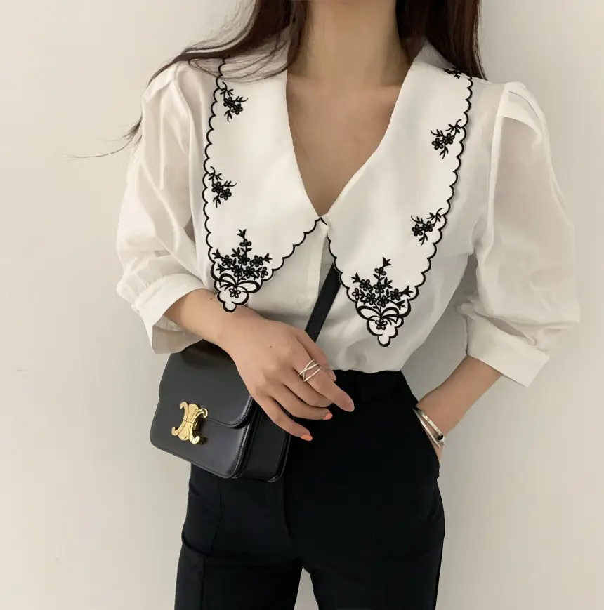 Women Embroidered Korean Chic Top with French Court Style Short Sleeve — feature 20
