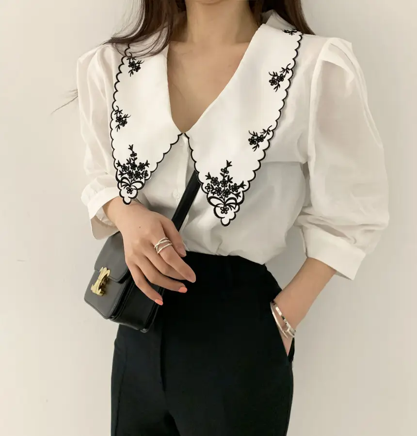 Women Embroidered Korean Chic Top with French Court Style Short Sleeve — feature 21