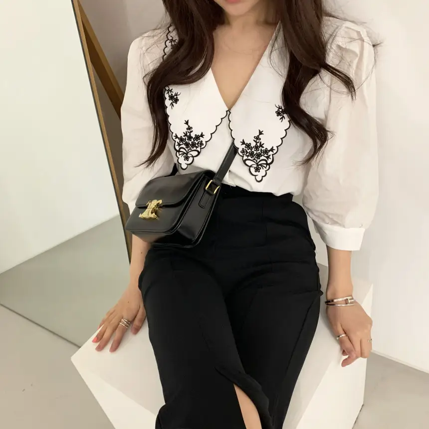Women Embroidered Korean Chic Top with French Court Style Short Sleeve — feature 23