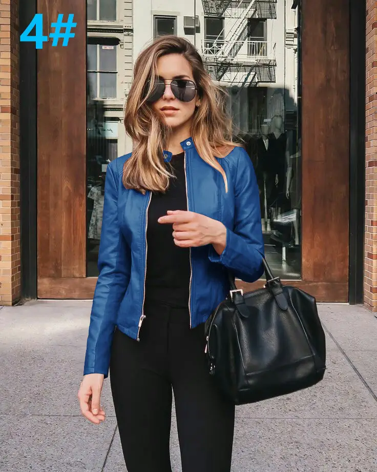 Women's Blue PU Leather Business Jacket with Tote Bag