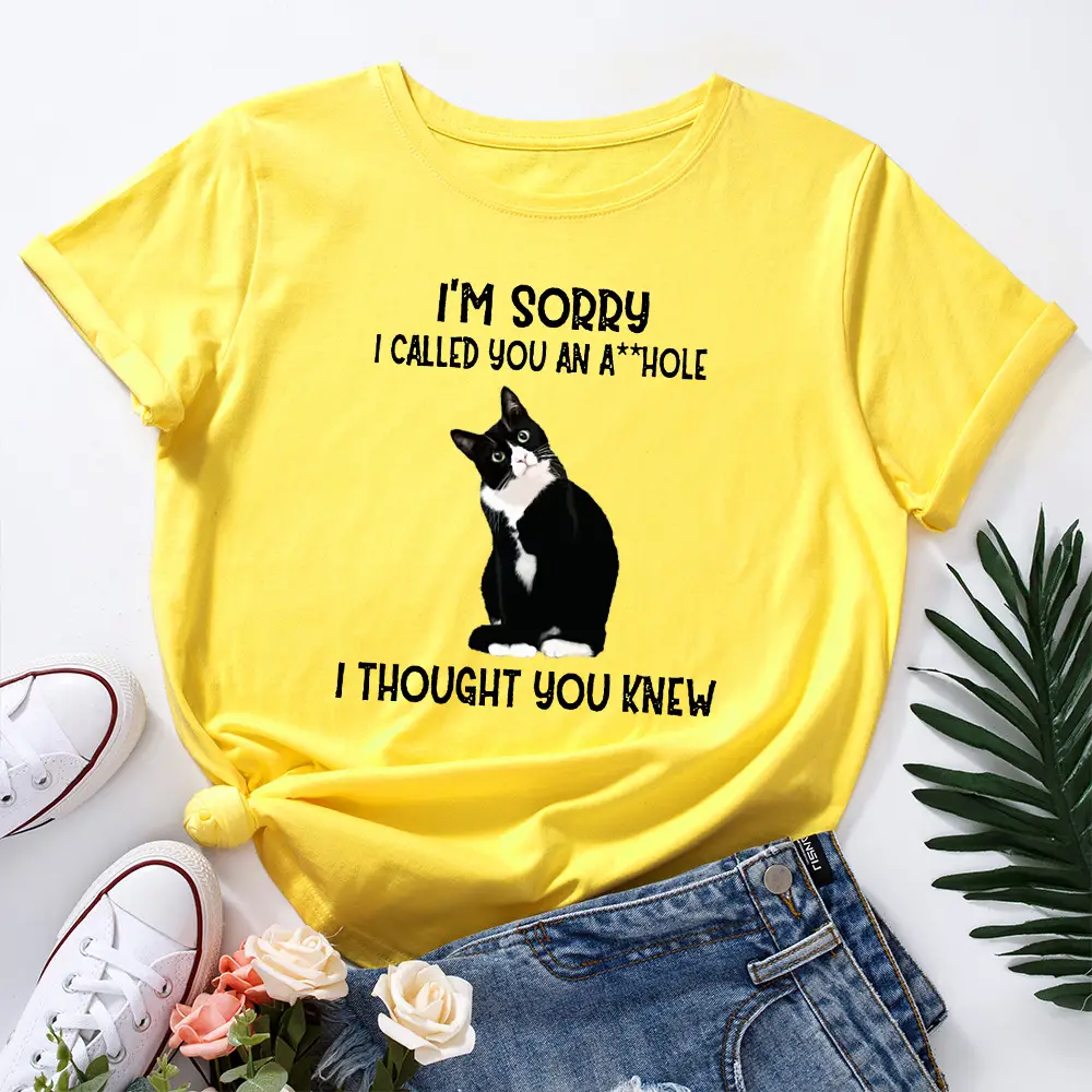 Yellow Cat Print T-Shirt for Women Loose Fit - Image 2