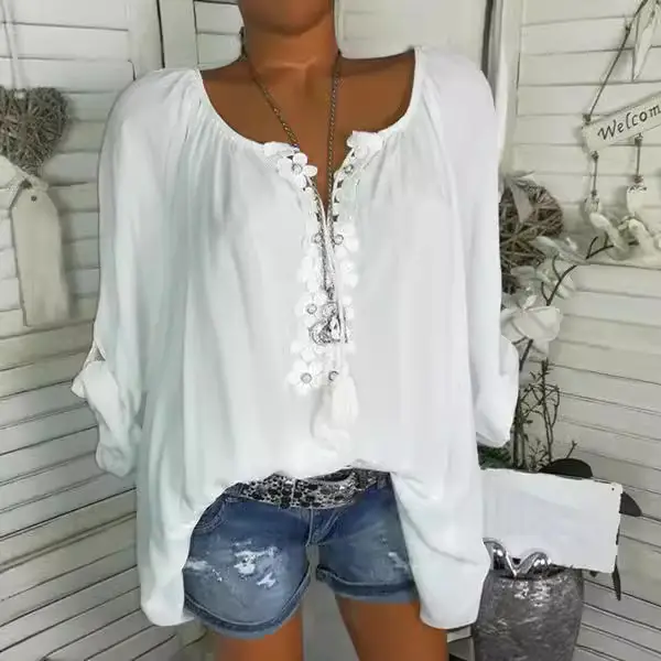 2024 Spring V Neck Lace Spliced Sleeve Shirt Women - Image 3