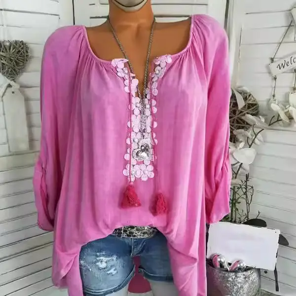 2024 Spring V Neck Lace Spliced Sleeve Shirt Women - Image 4