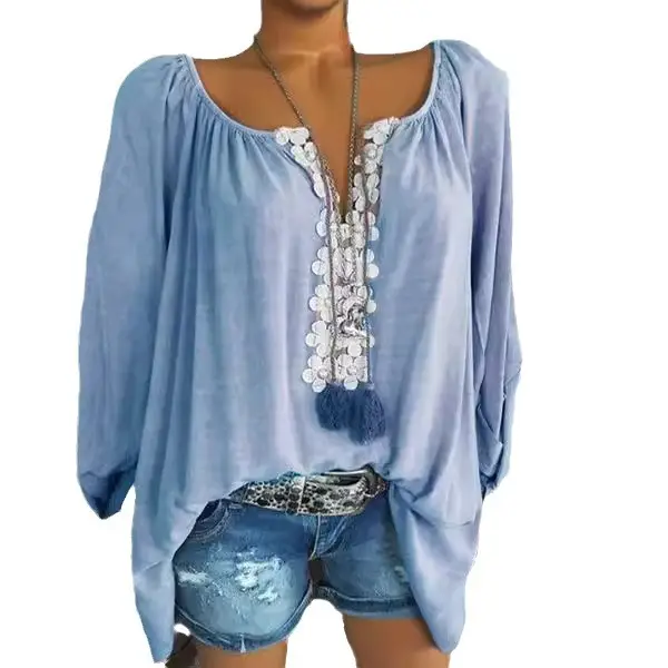 2024 Spring V Neck Lace Spliced Sleeve Shirt Women - Image 6