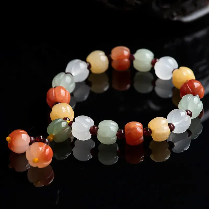 Natural Xinjiang Golden Silk Jade Colorful Pumpkin Bracelet - Image 2