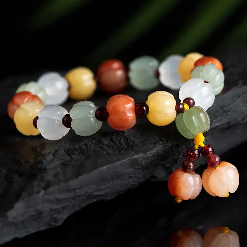 Natural Xinjiang Golden Silk Jade Colorful Pumpkin Bracelet - Image 3