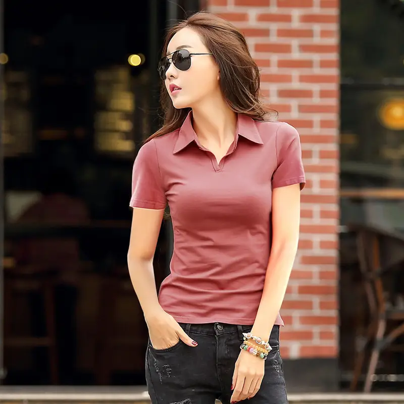 Women Slim Fit Polo T-Shirt Pink Black - Image 5