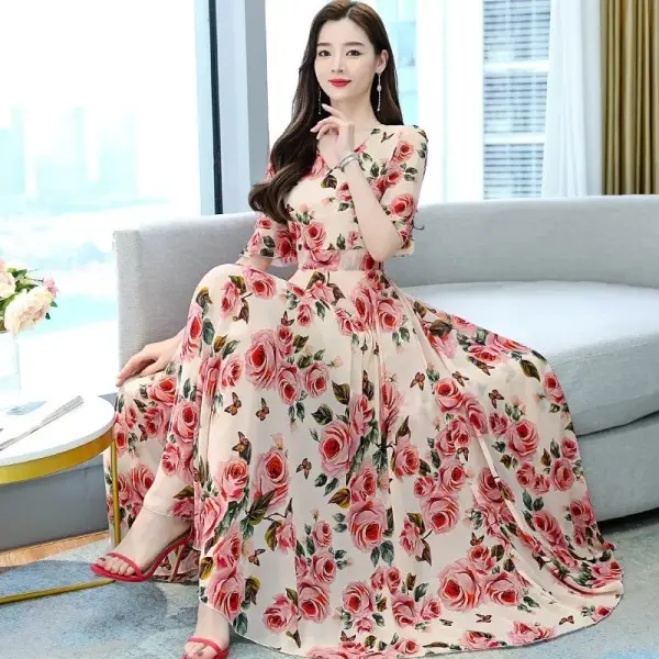Thai Floral Plus Size V-Neck Dress - Image 4
