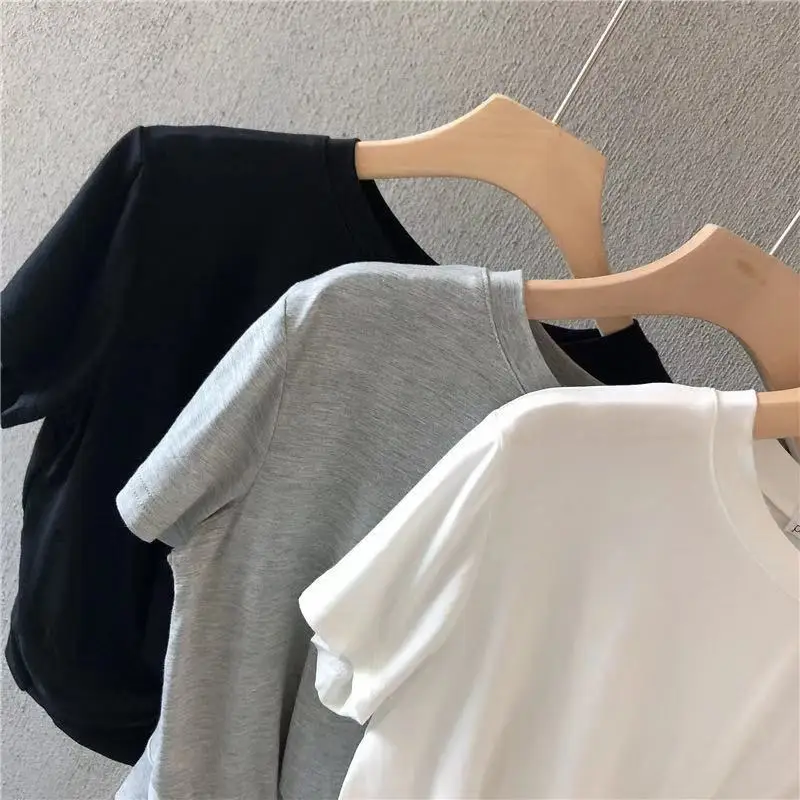 Women Knotted T-Shirt White Grey Black Loose Summer - Image 5