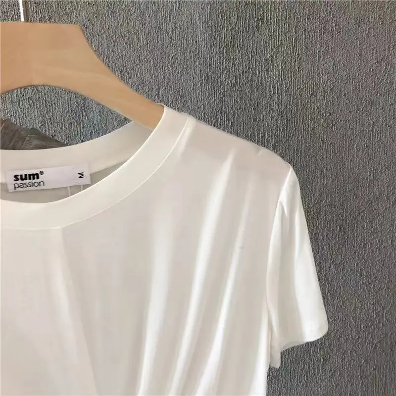 Women Knotted T-Shirt White Grey Black Loose Summer - Image 6