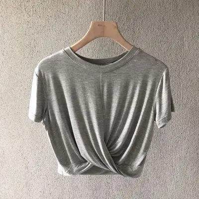 Women Knotted T-Shirt White Grey Black Loose Summer - Image 2