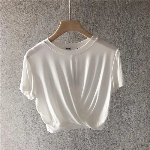 Women Knotted T-Shirt White Grey Black Loose Summer - Image 3