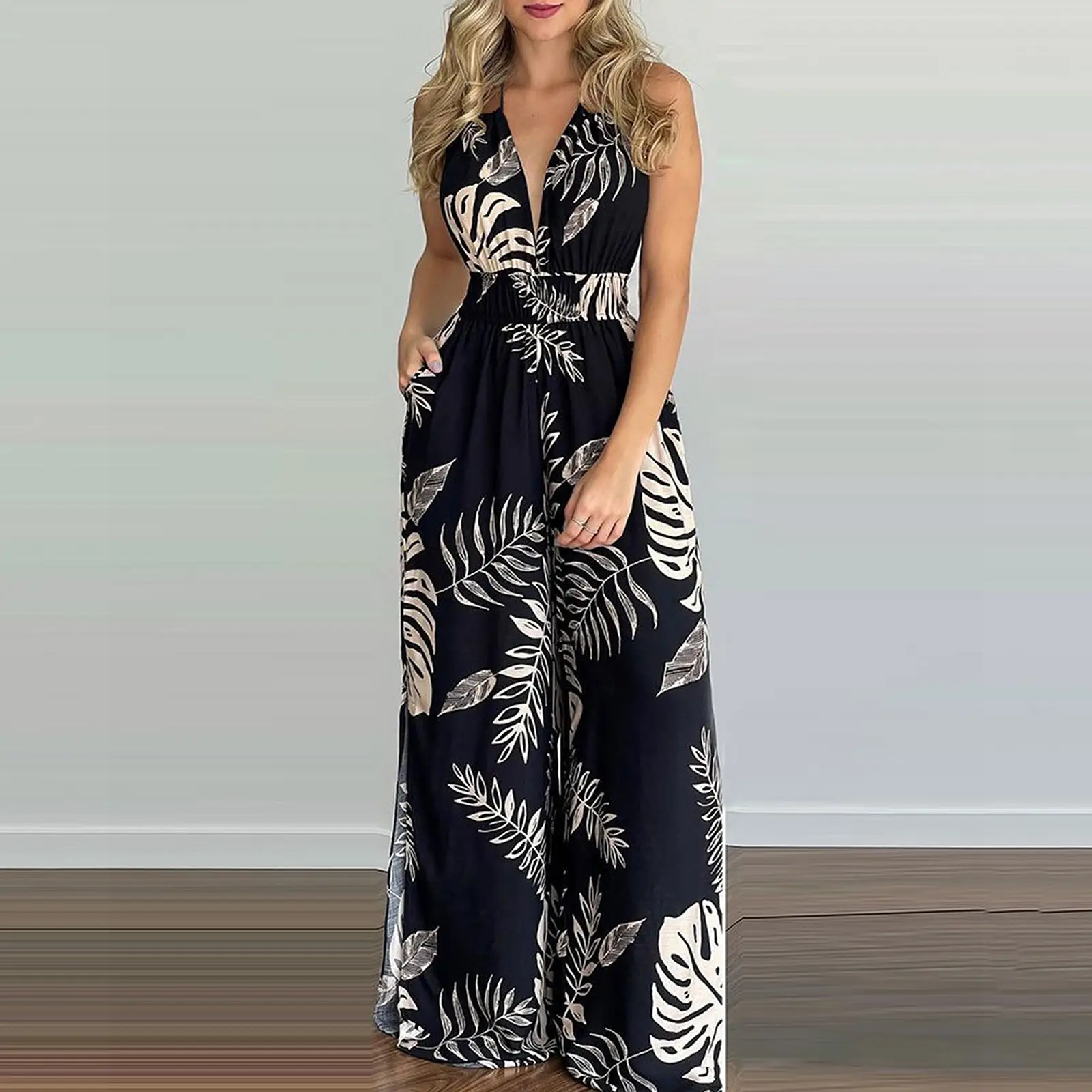 Women's Blue Floral Backless Lace-Up Jumpsuit with Straw Bag - Image 8