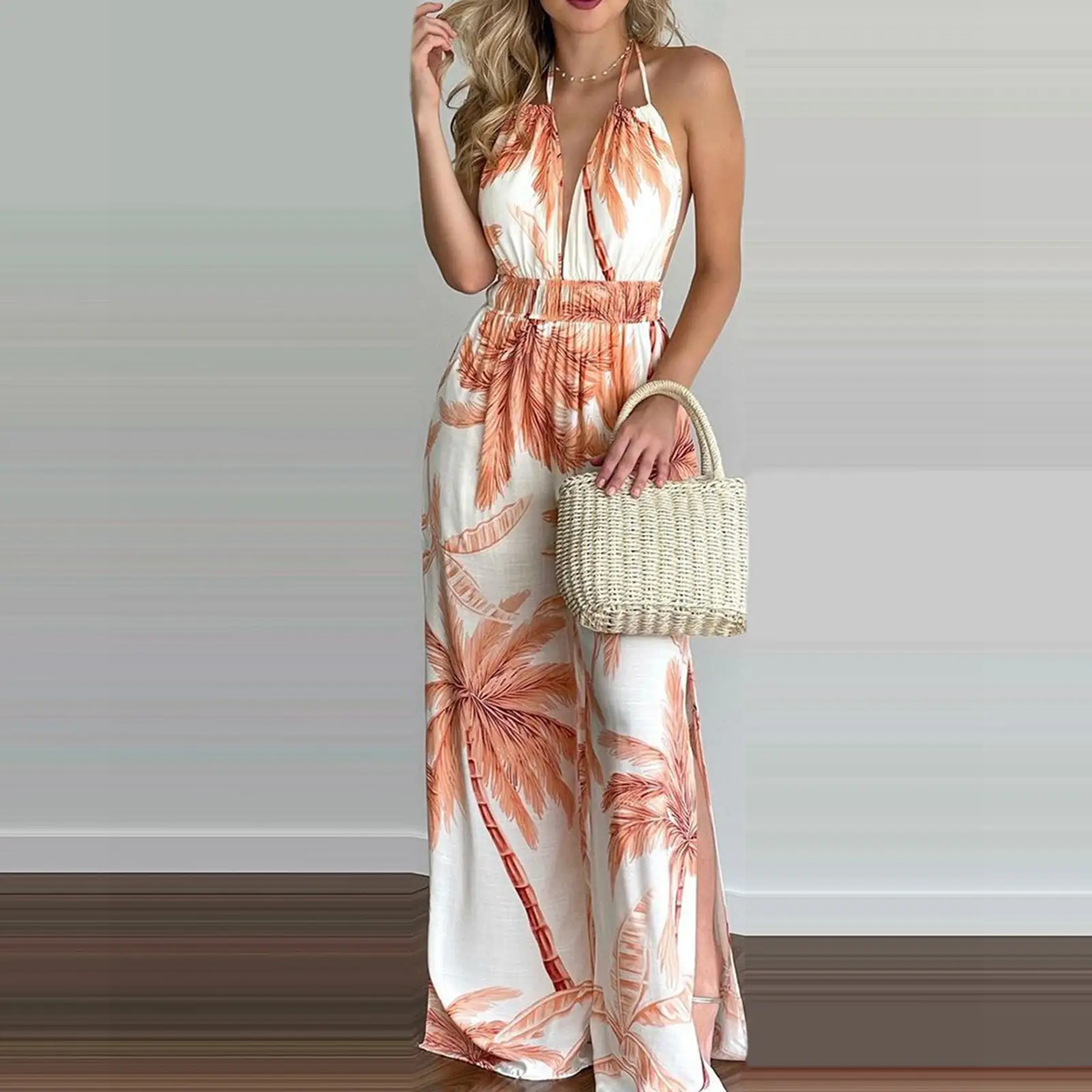 Women's Blue Floral Backless Lace-Up Jumpsuit with Straw Bag - Image 9