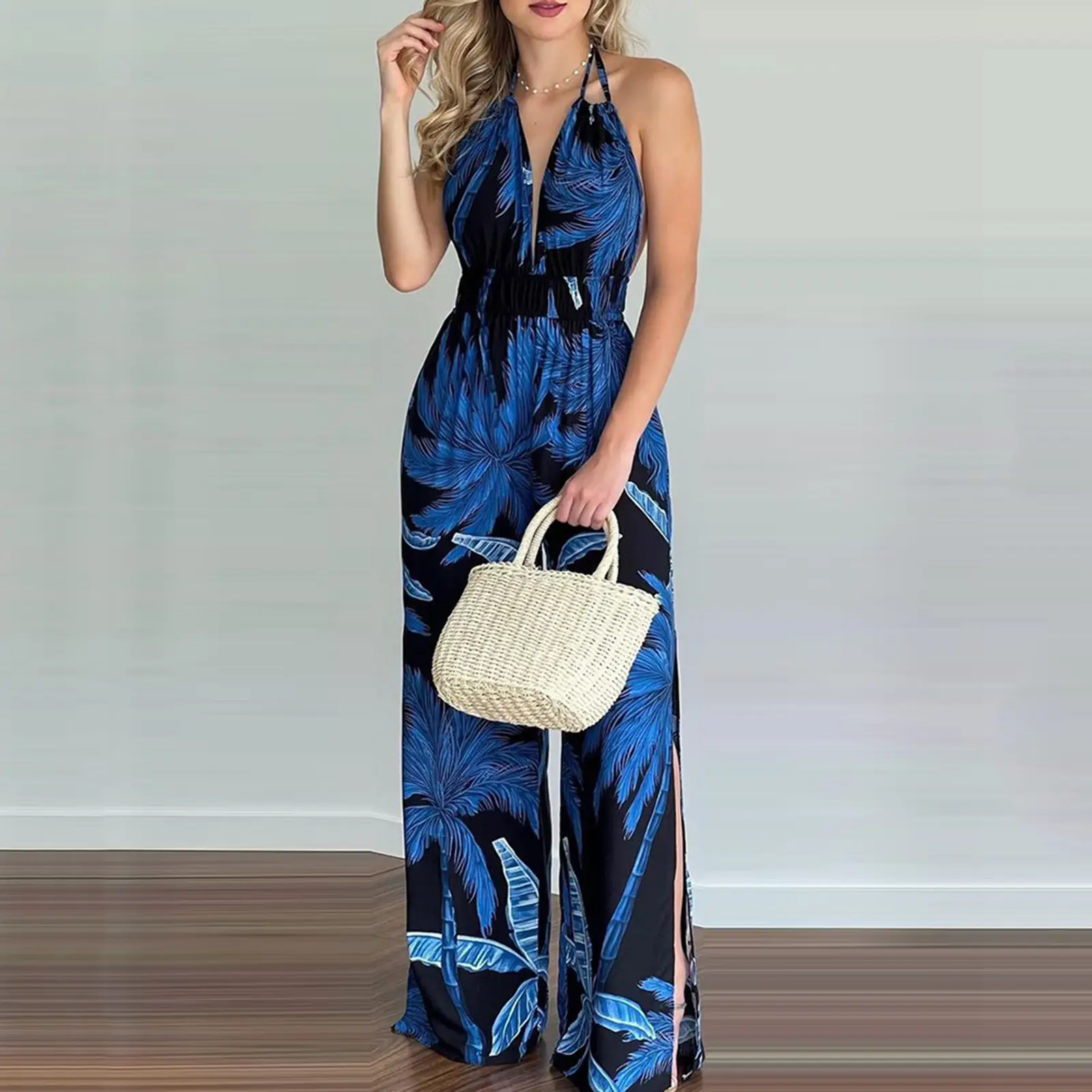 Women's Blue Floral Backless Lace-Up Jumpsuit with Straw Bag - Image 10