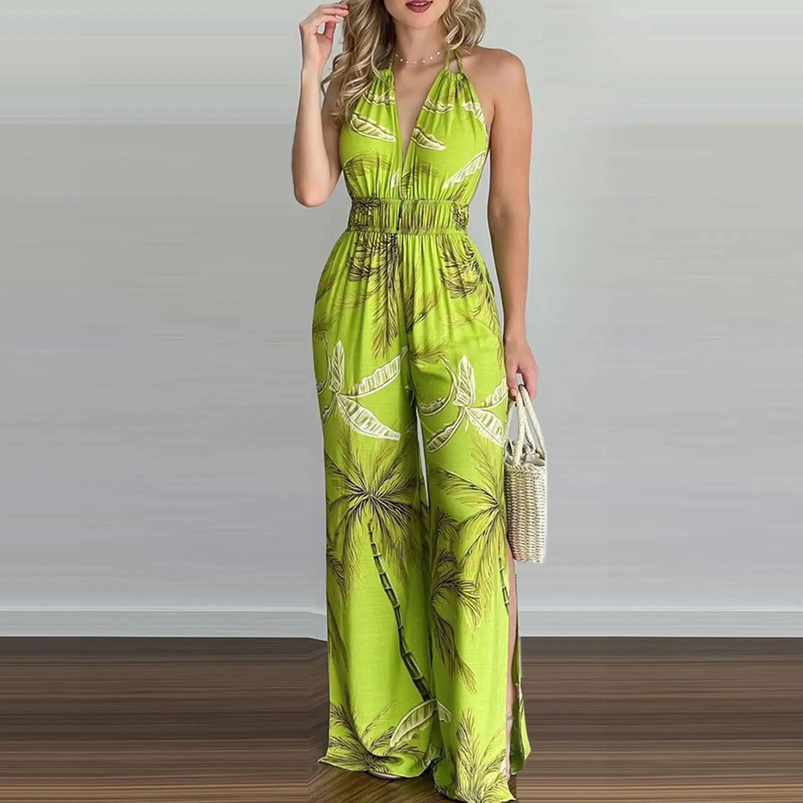 Women's Blue Floral Backless Lace-Up Jumpsuit with Straw Bag - Image 3