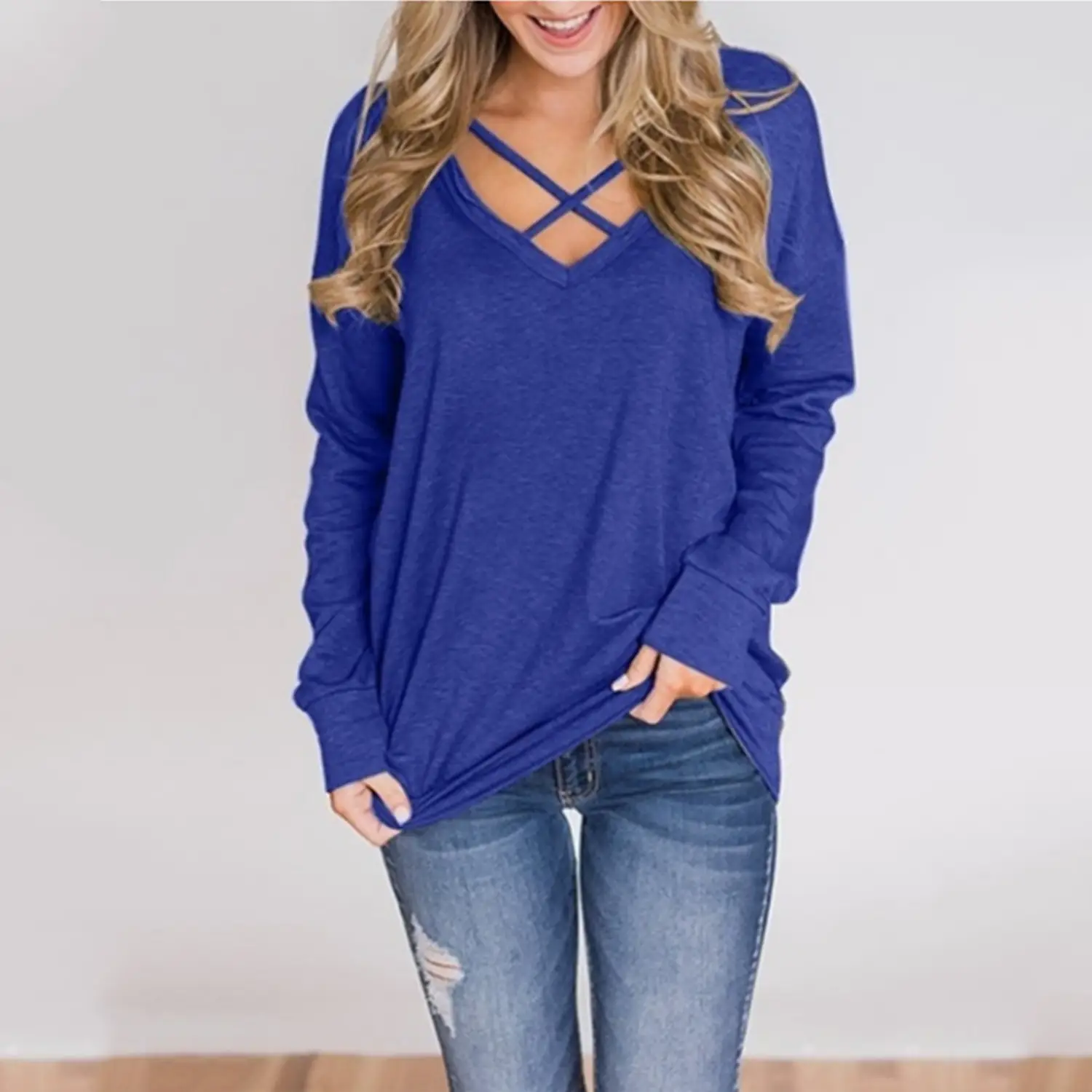 Women V-Neck Long Sleeve T-Shirt Grey
