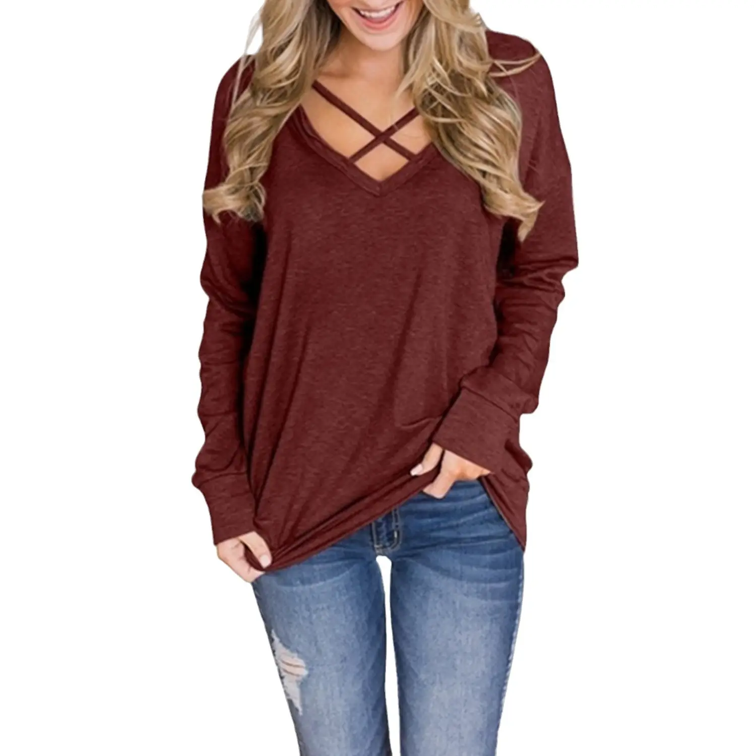 Women V-Neck Long Sleeve T-Shirt Grey