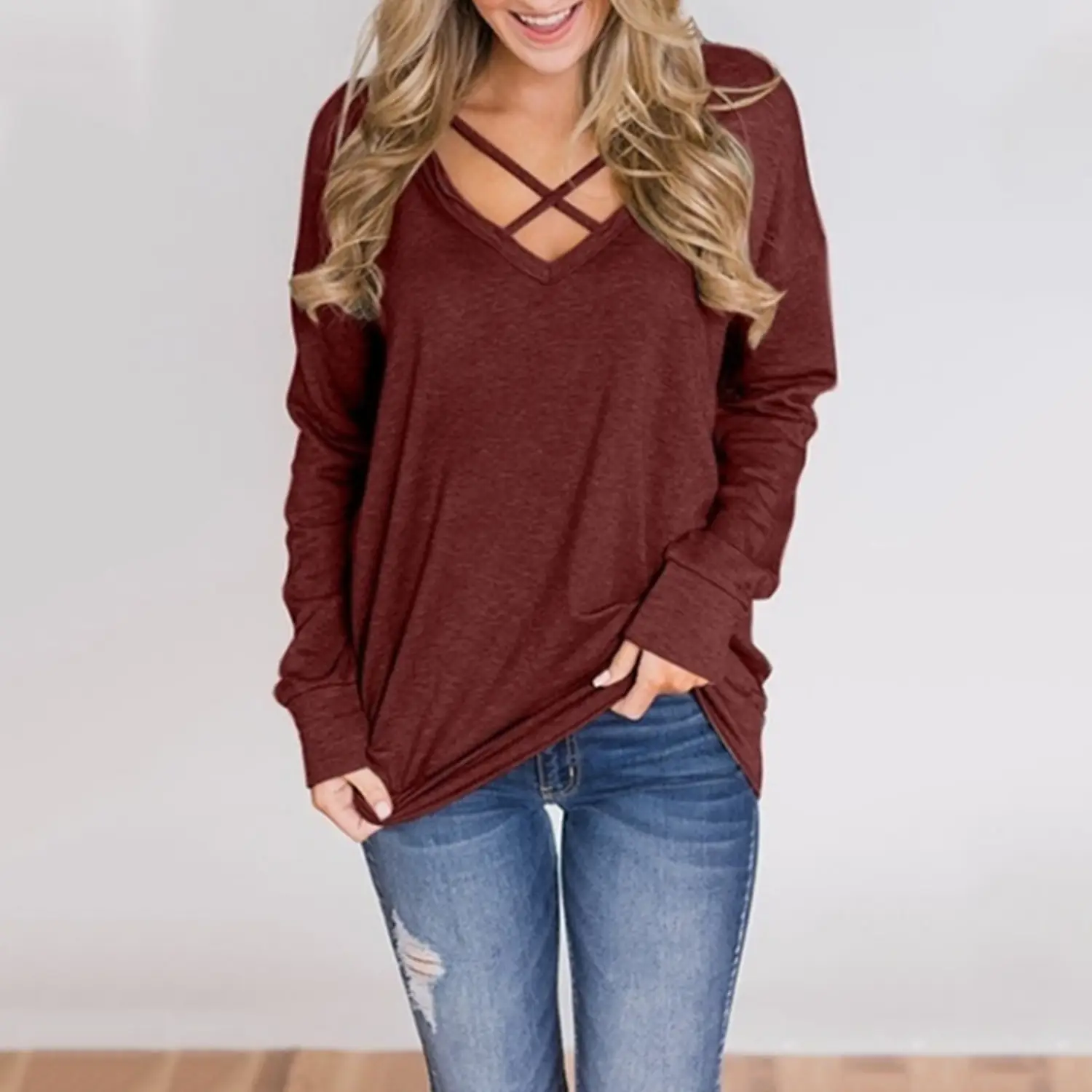 Women V-Neck Long Sleeve T-Shirt Grey