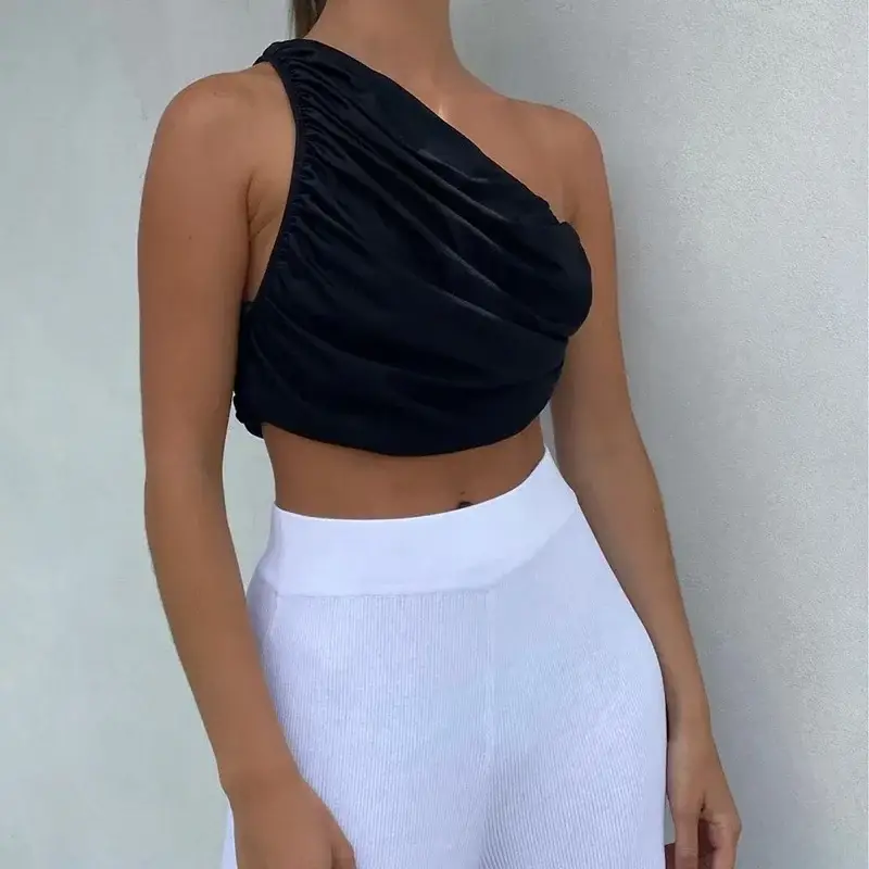 Black One-Shoulder Slim Pleated Vest for Women - Image 8