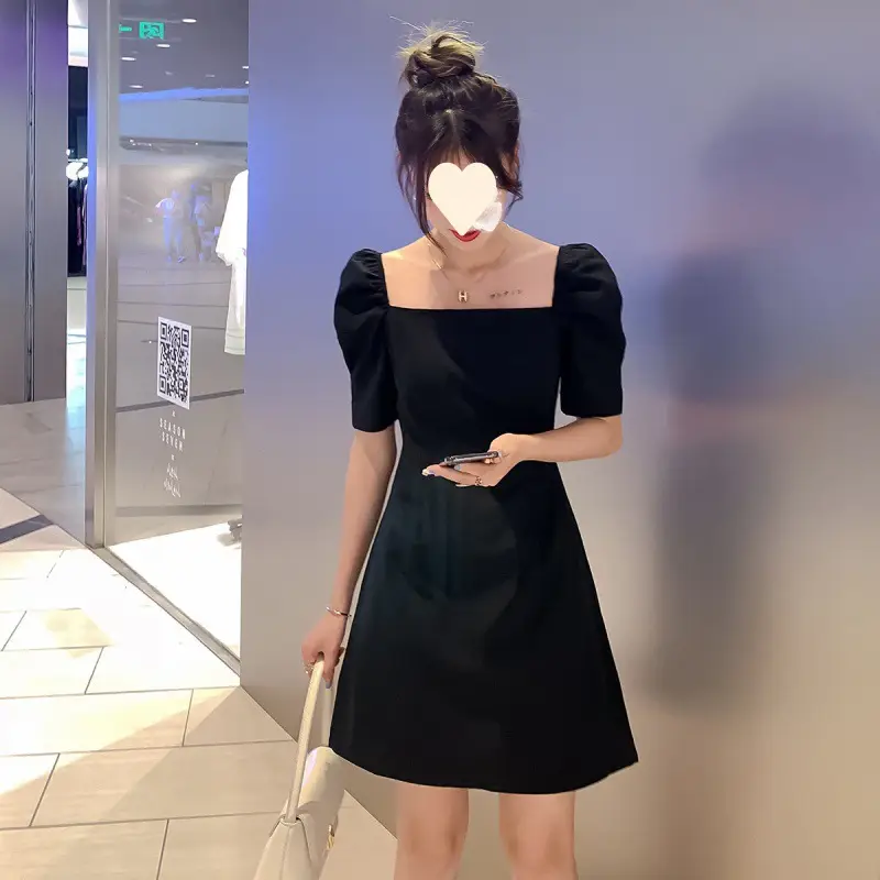 Off-Shoulder Black Puff Sleeve Dress for Women - Image 3