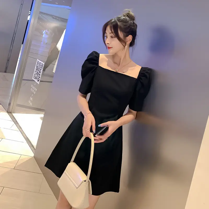 Off-Shoulder Black Puff Sleeve Dress for Women - Image 4