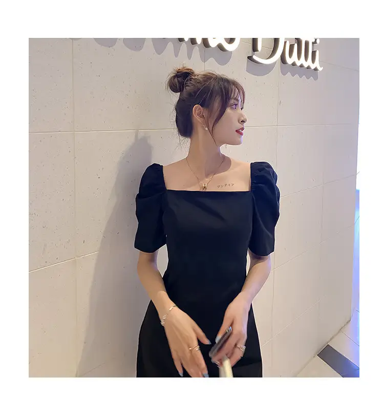 Off-Shoulder Black Puff Sleeve Dress for Women — feature 5