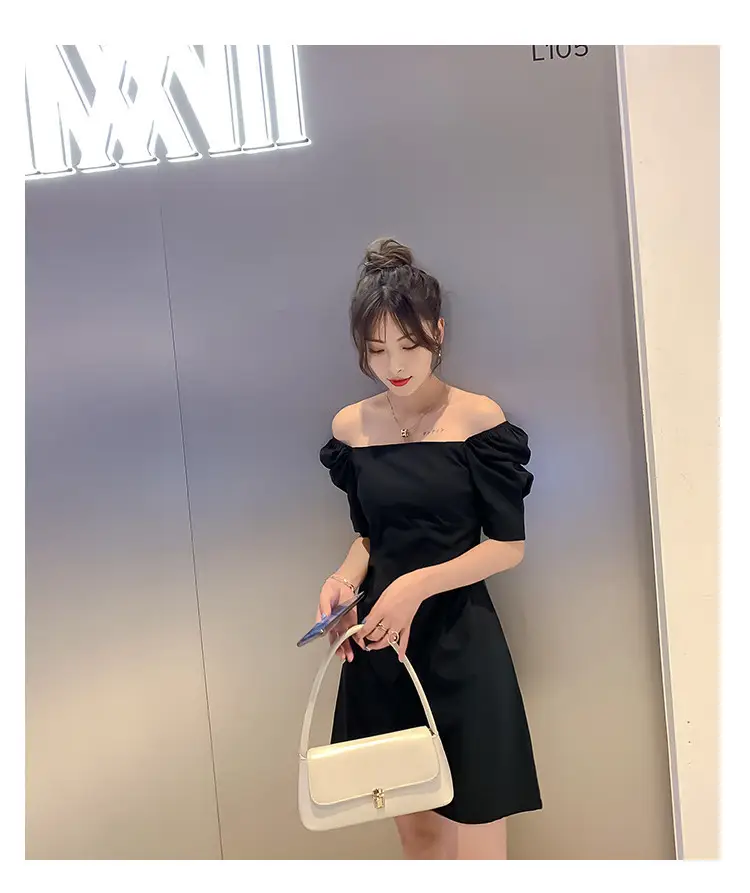 Off-Shoulder Black Puff Sleeve Dress for Women — feature 6