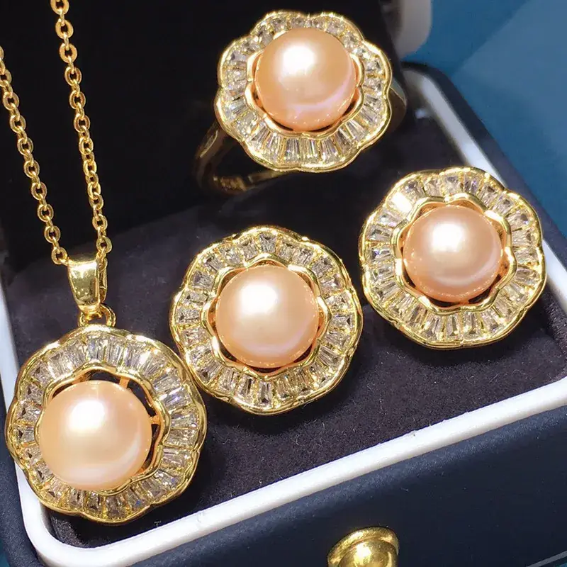 Freshwater Pearl Necklace Set 8-9mm 18K Full Zircon