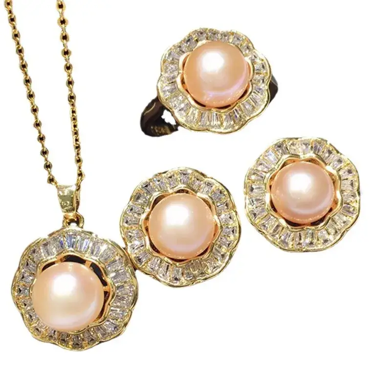 Freshwater Pearl Necklace Set 8-9mm 18K Full Zircon