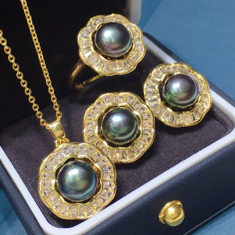 Freshwater Pearl Necklace Set 8-9mm 18K Full Zircon
