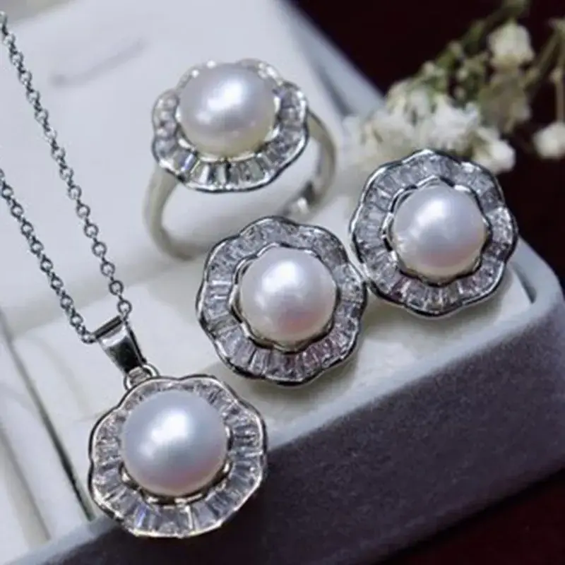 Freshwater Pearl Necklace Set 8-9mm 18K Full Zircon