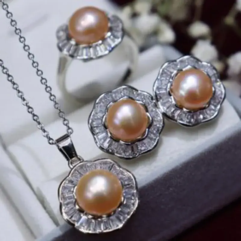 Freshwater Pearl Necklace Set 8-9mm 18K Full Zircon