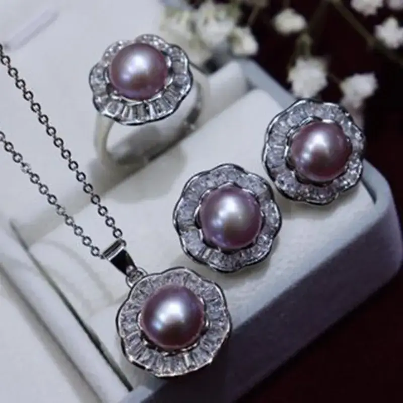 Freshwater Pearl Necklace Set 8-9mm 18K Full Zircon