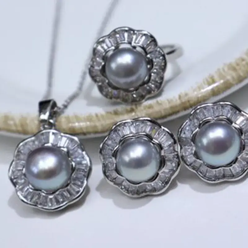 Freshwater Pearl Necklace Set 8-9mm 18K Full Zircon