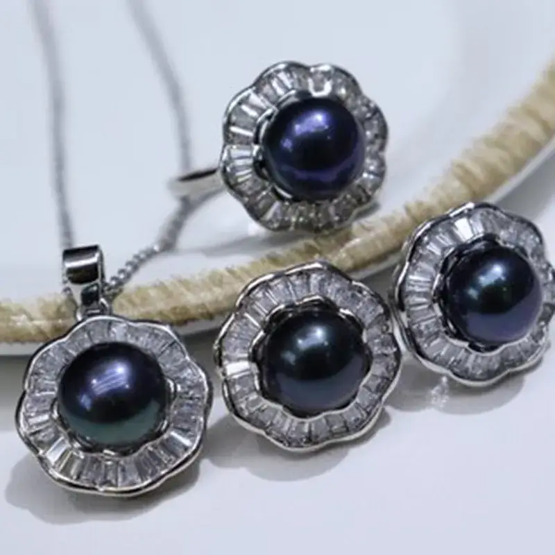 Freshwater Pearl Necklace Set 8-9mm 18K Full Zircon