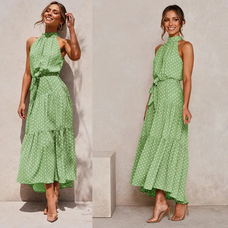 Green Printed Belted Sleeveless Gown Dress for Women