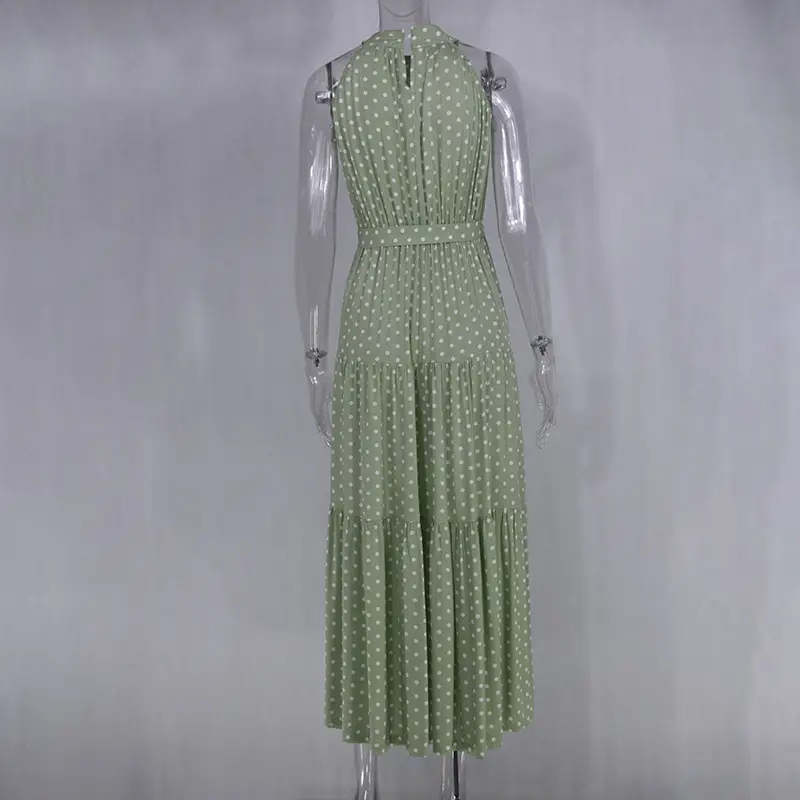 Green Printed Belted Sleeveless Gown Dress for Women