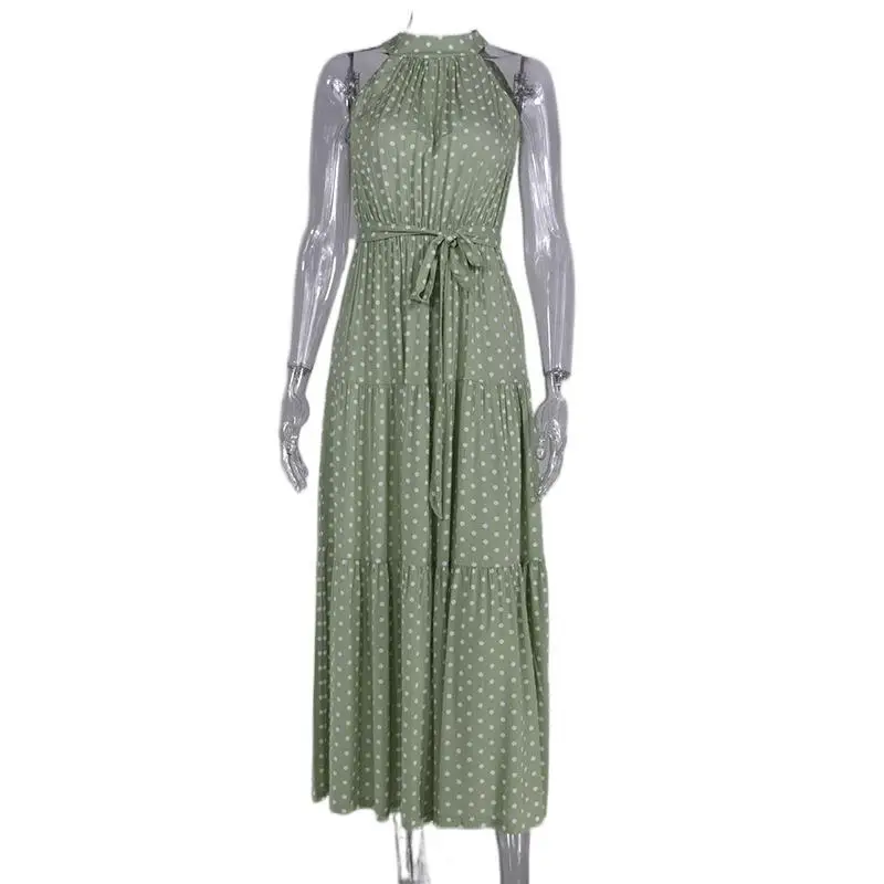 Green Printed Belted Sleeveless Gown Dress for Women